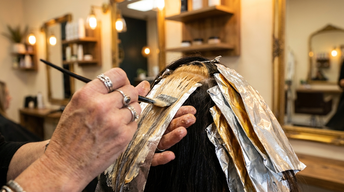 Manos del colorista aplicando balayage